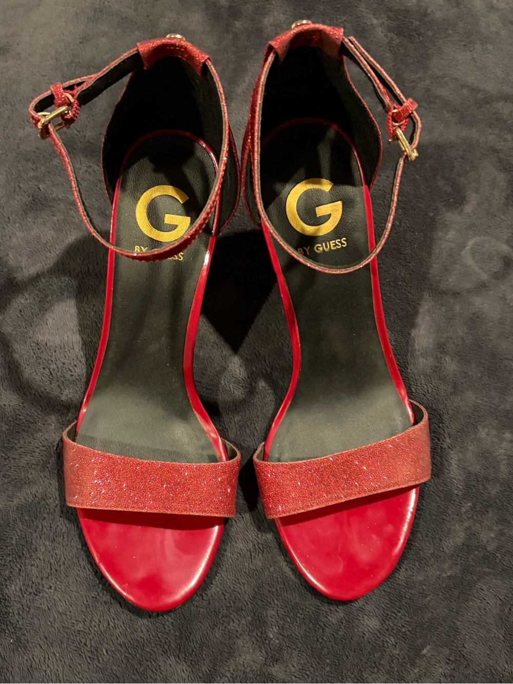 G BY GUESS Red Glitter Ankle-Strap Sandals with Block Heel - Size 7.5
